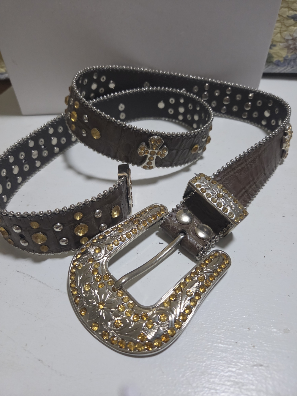 Women's Embellished Brown Leather Belt with Gold Crystal Buckle